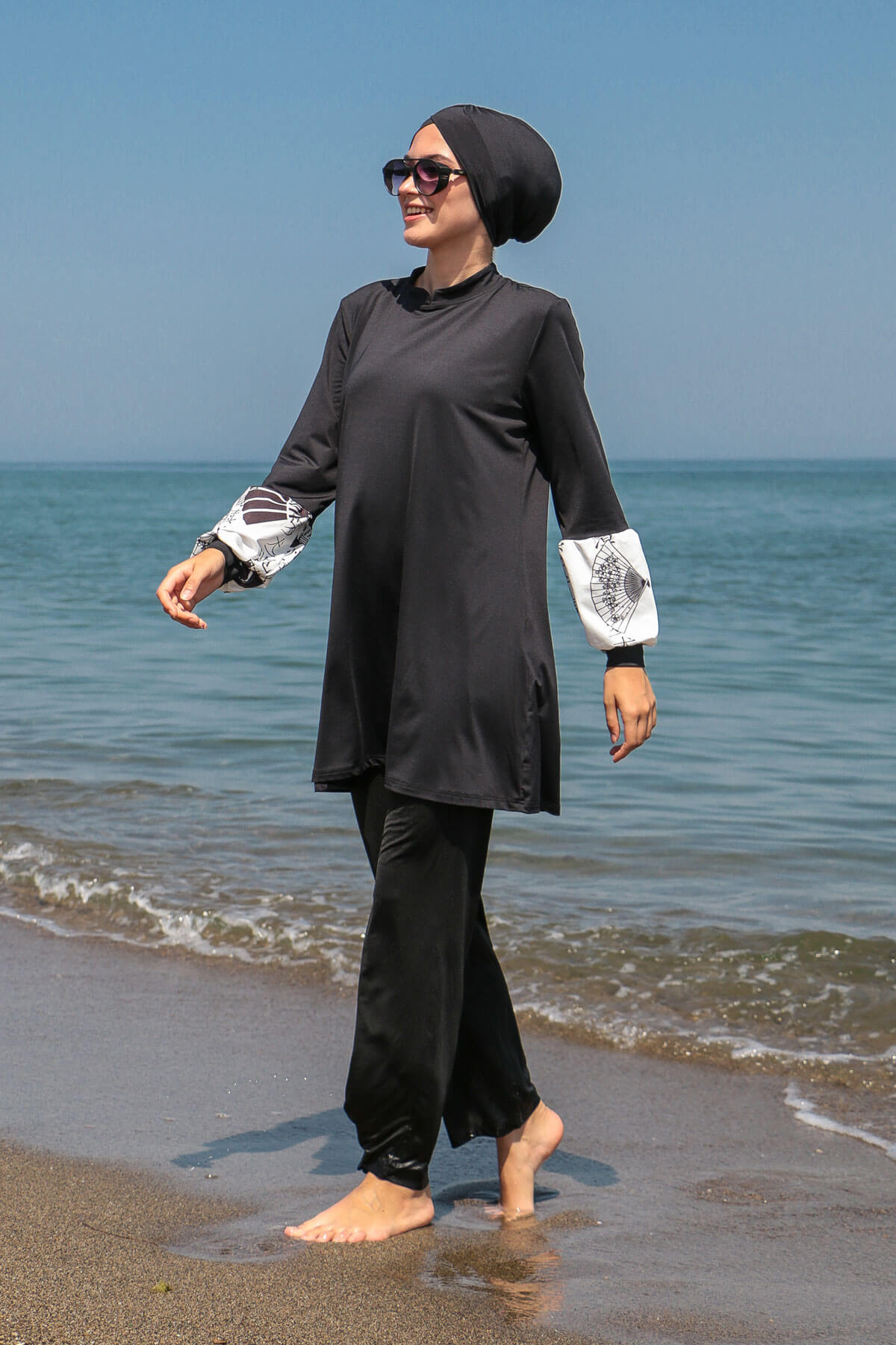 *ONLINE EXCLUSIVE* Marina Modest Swimsuit M2114 - Black Sleeve Patterned