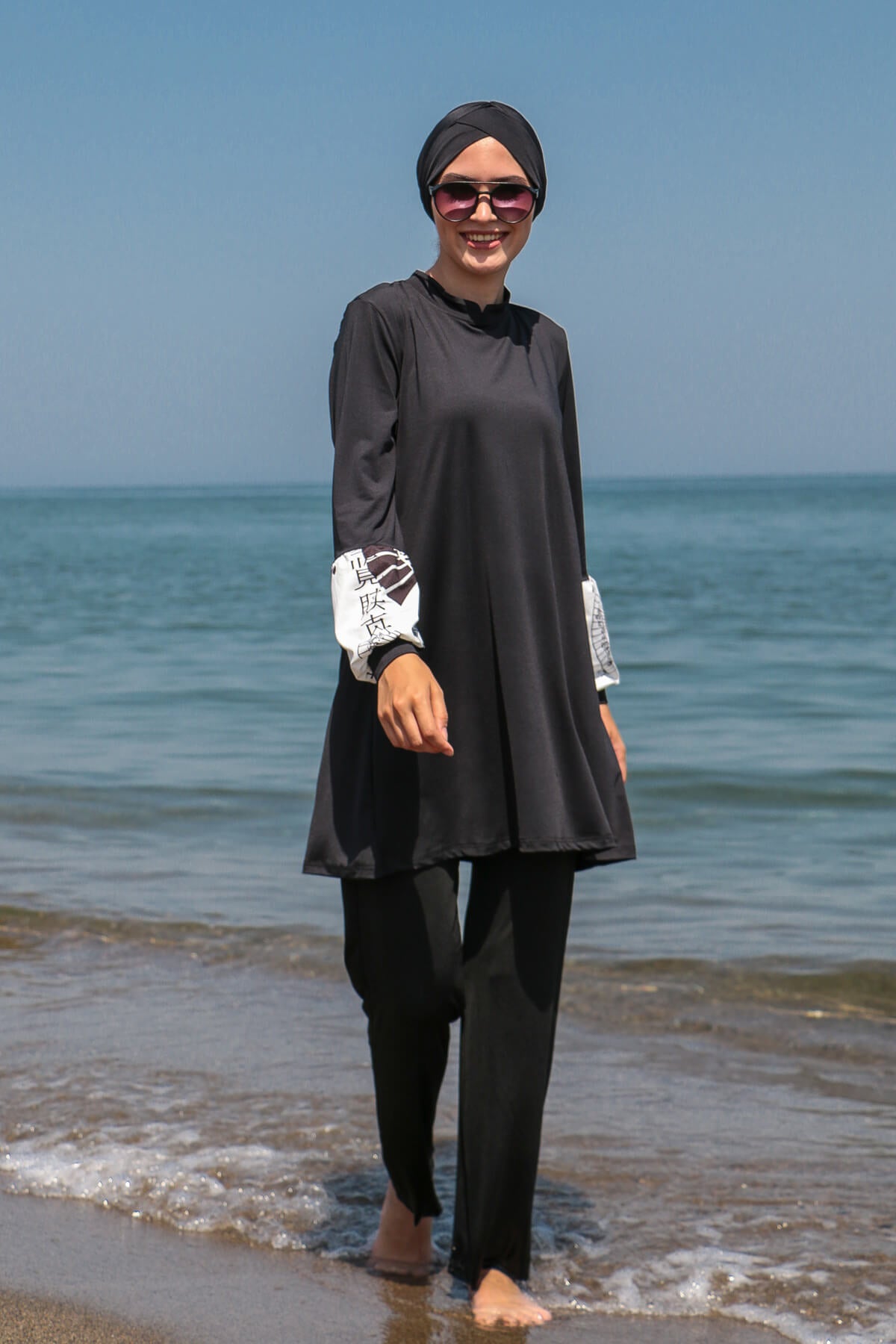 *ONLINE EXCLUSIVE* Marina Modest Swimsuit M2114 - Black Sleeve Patterned