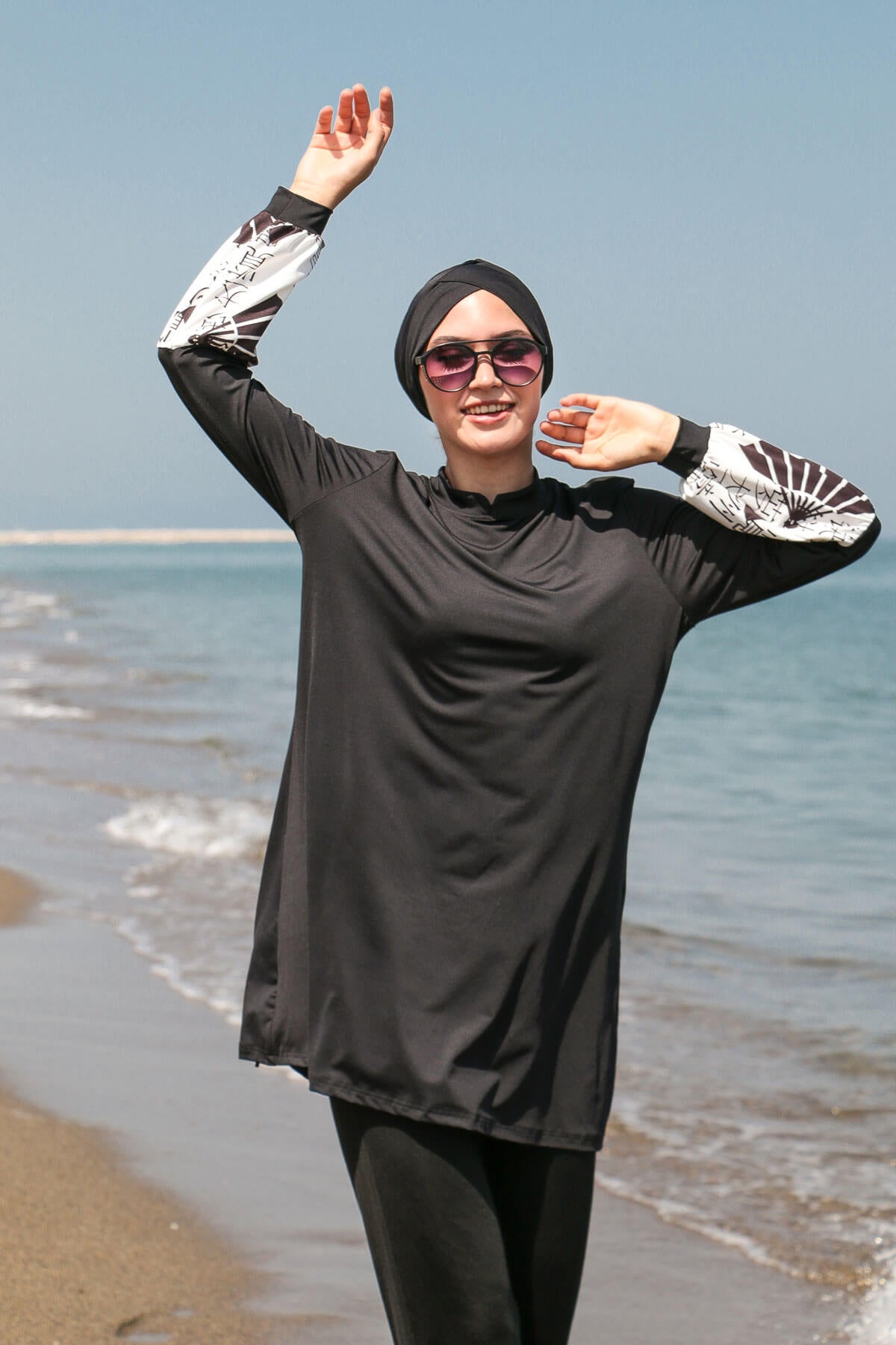 *ONLINE EXCLUSIVE* Marina Modest Swimsuit M2114 - Black Sleeve Patterned