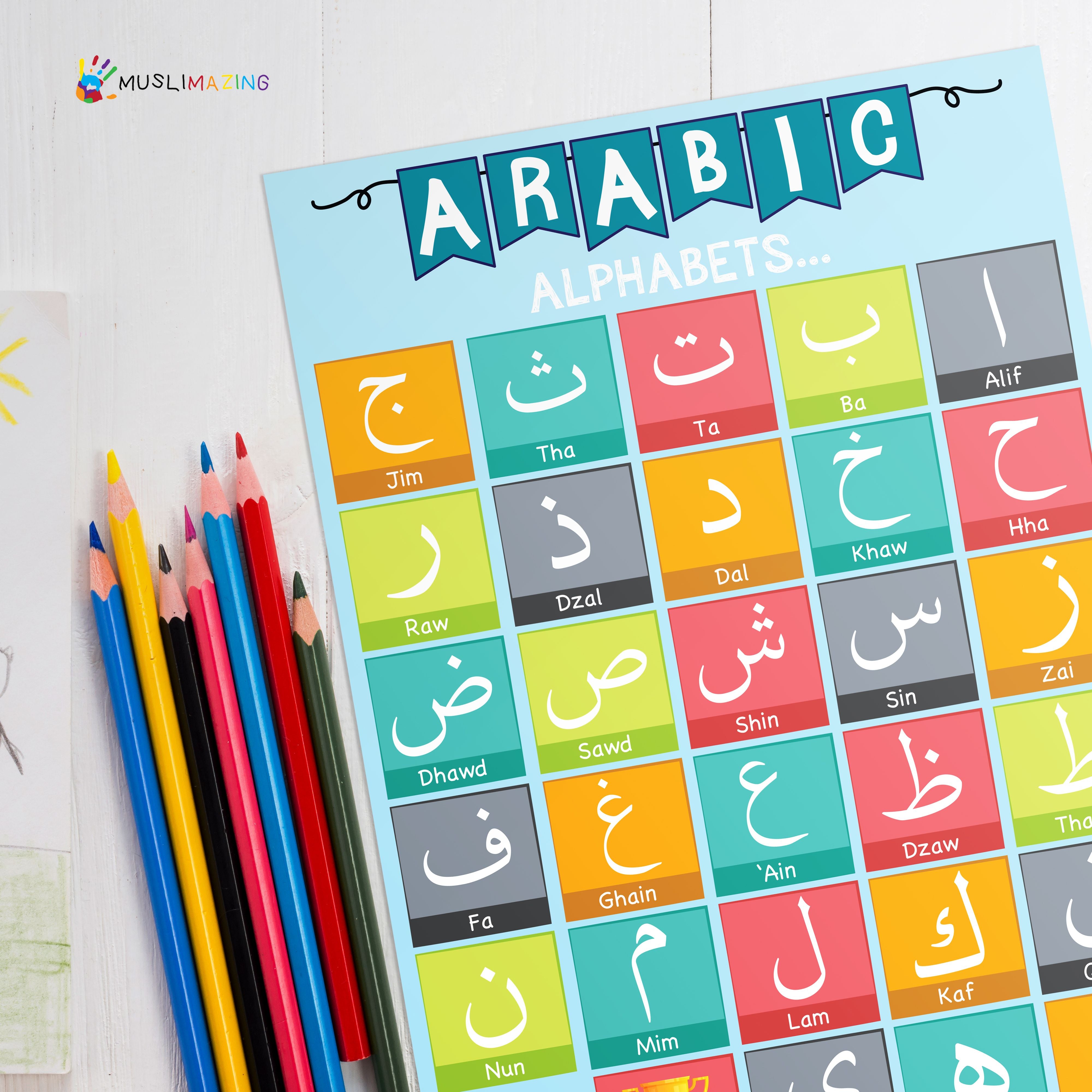 Muslimazing Arabic Alphabet Poster - Colours