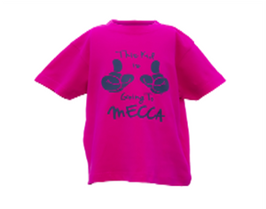 Imanhood Kids T-Shirt - This Kid Is Going To Mecca - Fuschia w Black Prints